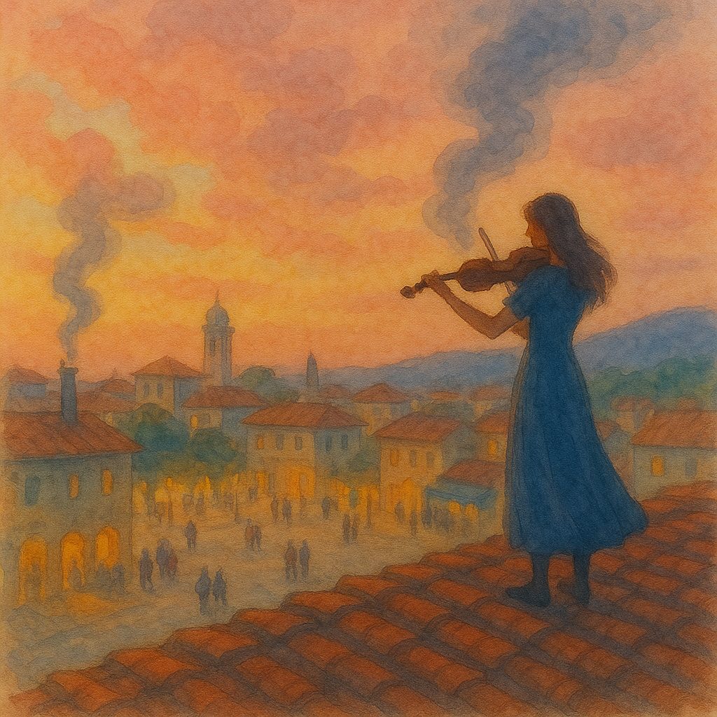 Painted illustration of a woman playing the violin on a rooftop above an old town at sunset, chimney smoke drifting into an orange sky